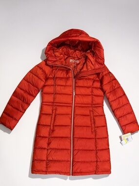 Michael Kors Long Packable Puffer Jacket Rust Red Medium NWT
